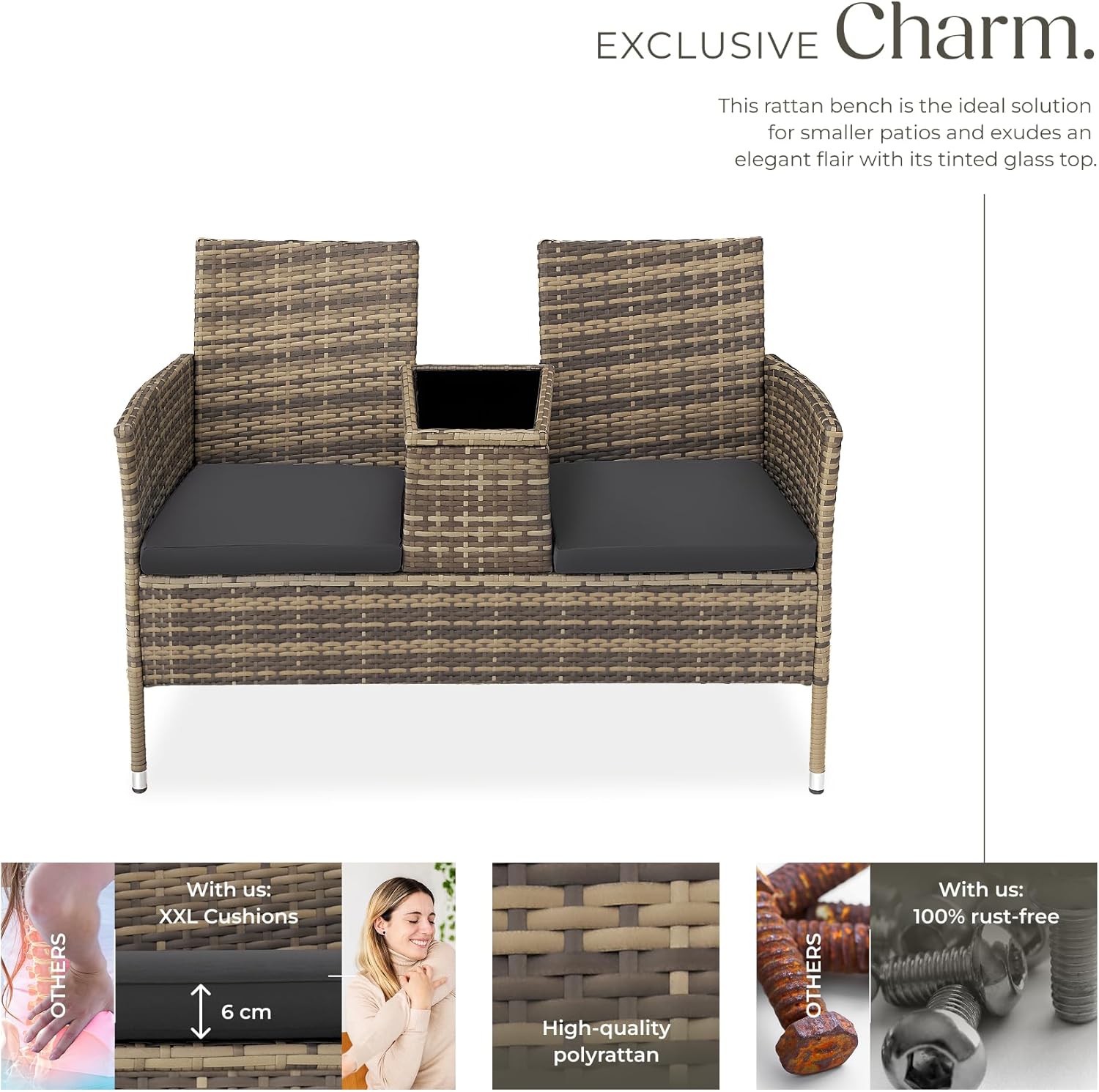 2 Seater Rattan Garden Bench with Table Patio Bistro Love Seat