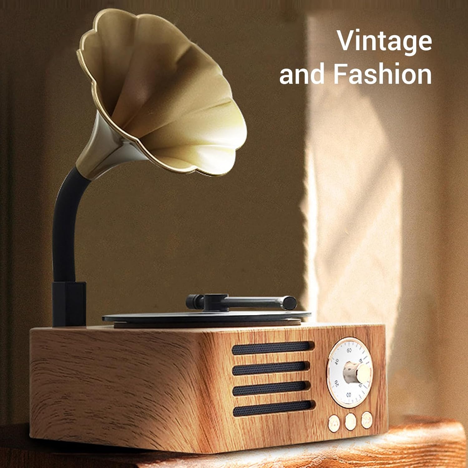 Vintage Bluetooth Speaker with Copper Horn FM Radio Wood Grain