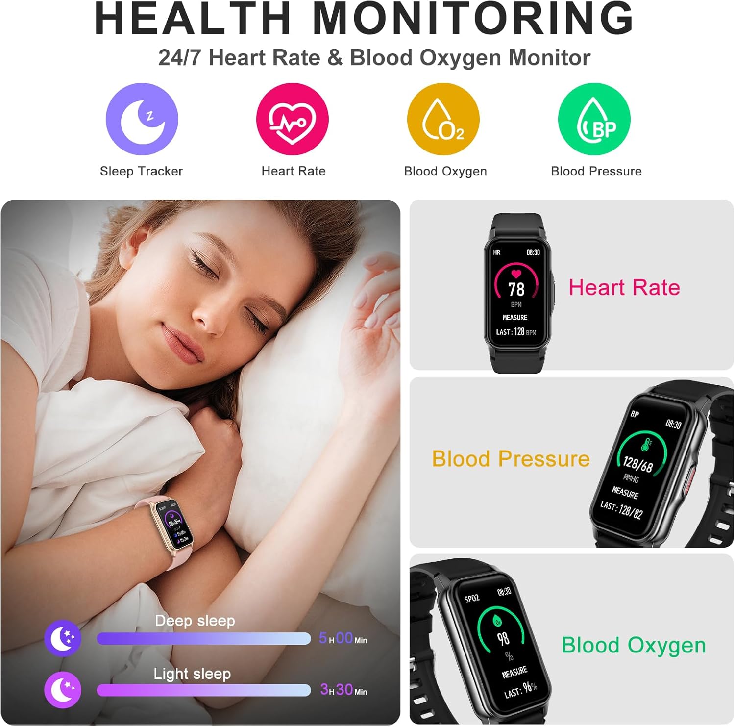Fitness Tracker Heart Rate Sleep Blood Oxygen Watch