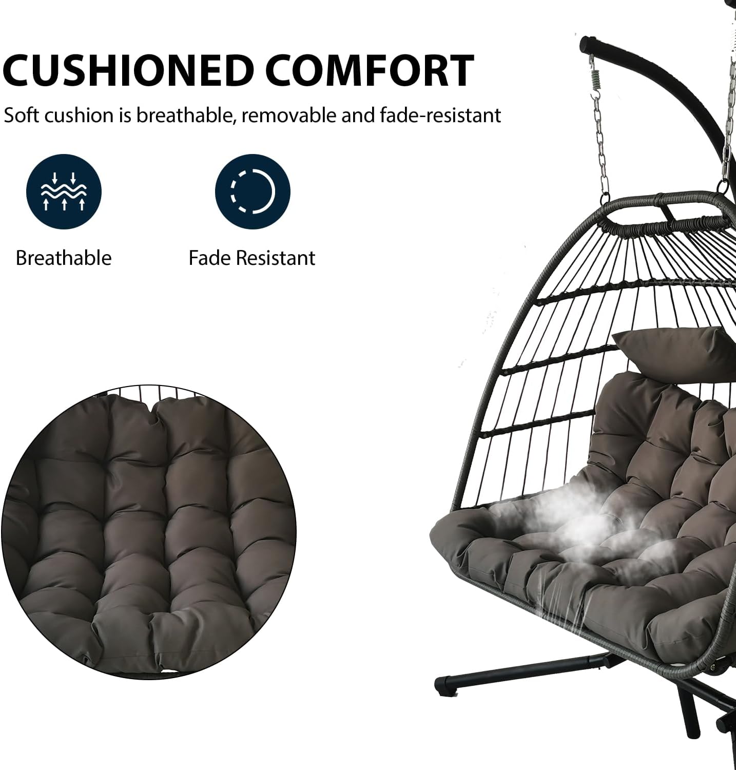 Double Rattan Swing Chair with Stand Cushion Grey