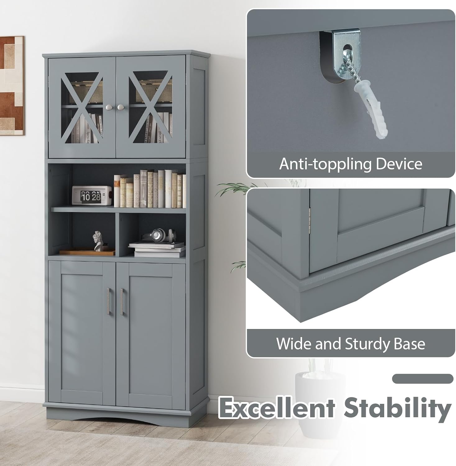 Tall Storage Cabinet Grey Adjustable Shelf Door Unit