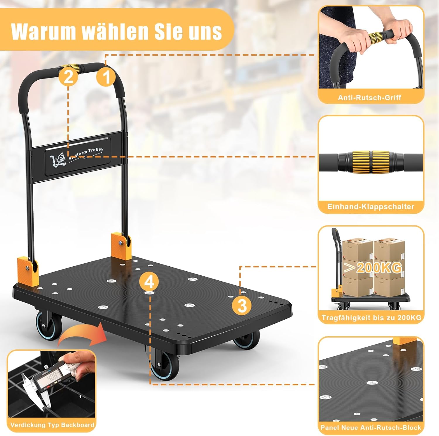 200KG One Hand Folding Platform Trolley Silent Wheels