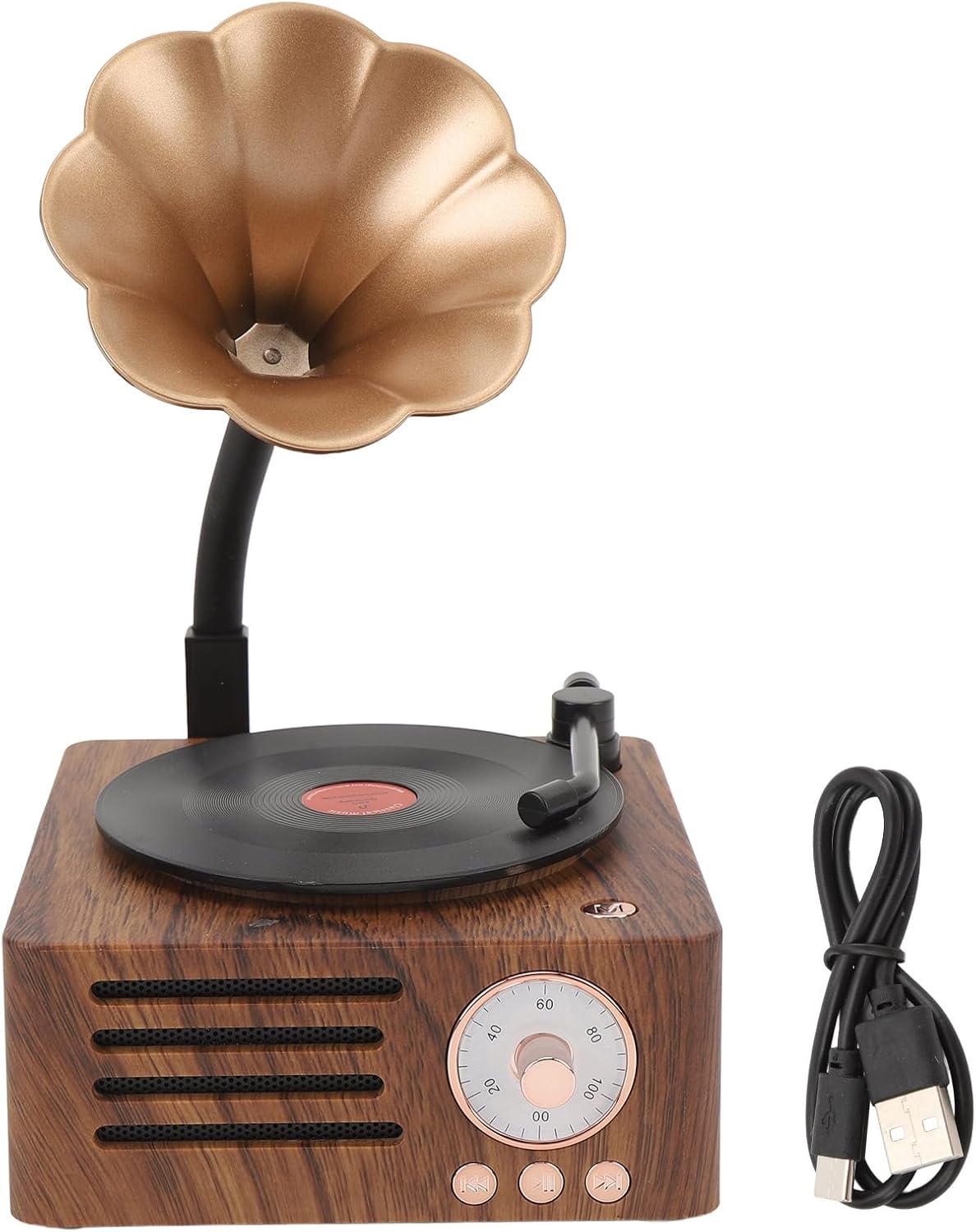 Vintage Bluetooth Speaker with Copper Horn FM Radio Wood Grain