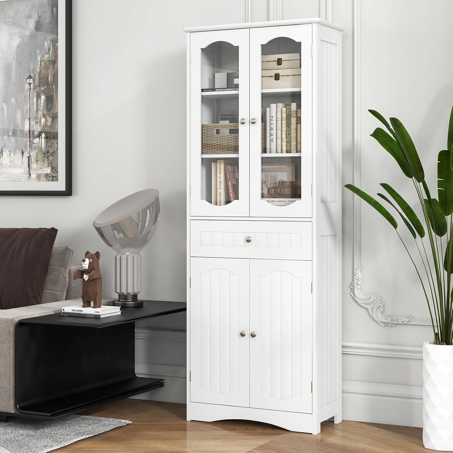 Tall Bathroom Cabinet Glass Door Drawer Shelf Unit White