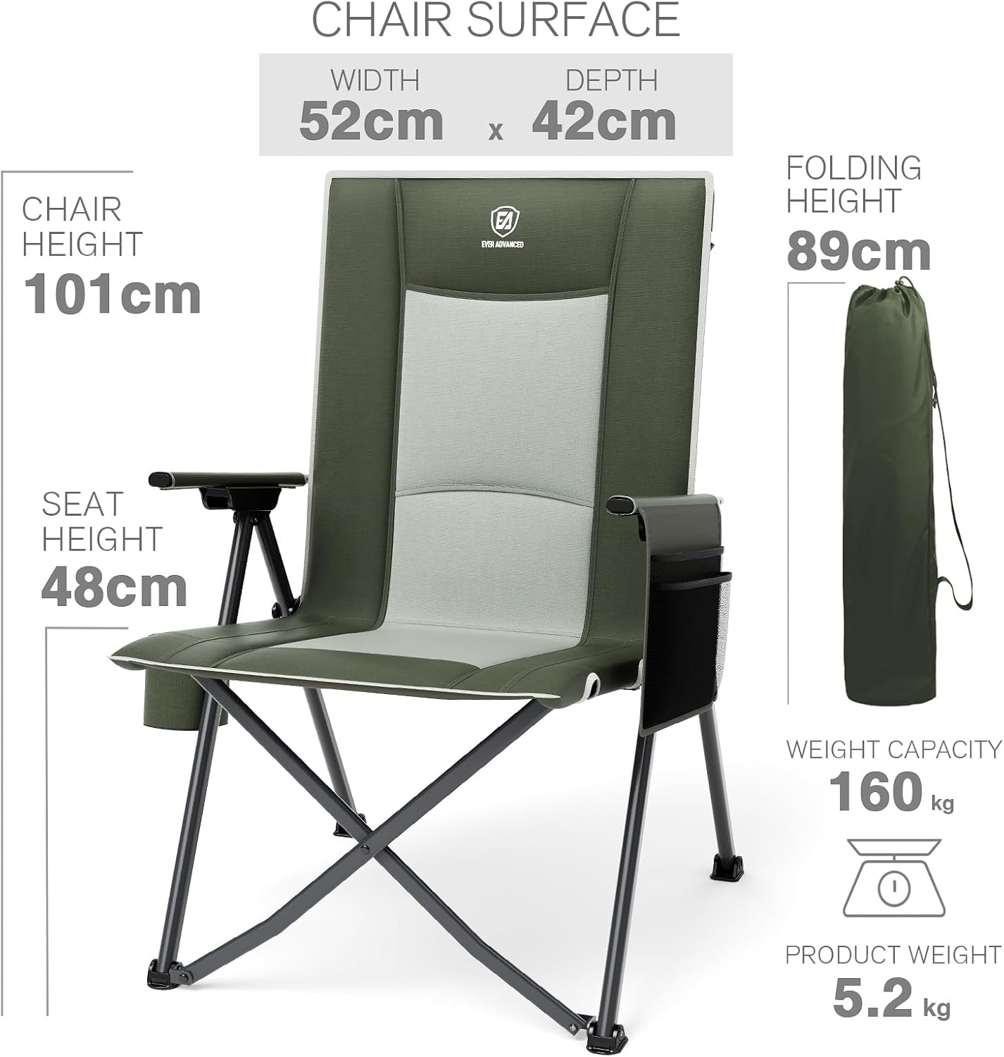 Reclining Camping Chair Heavy Duty Foldable 350lb Green