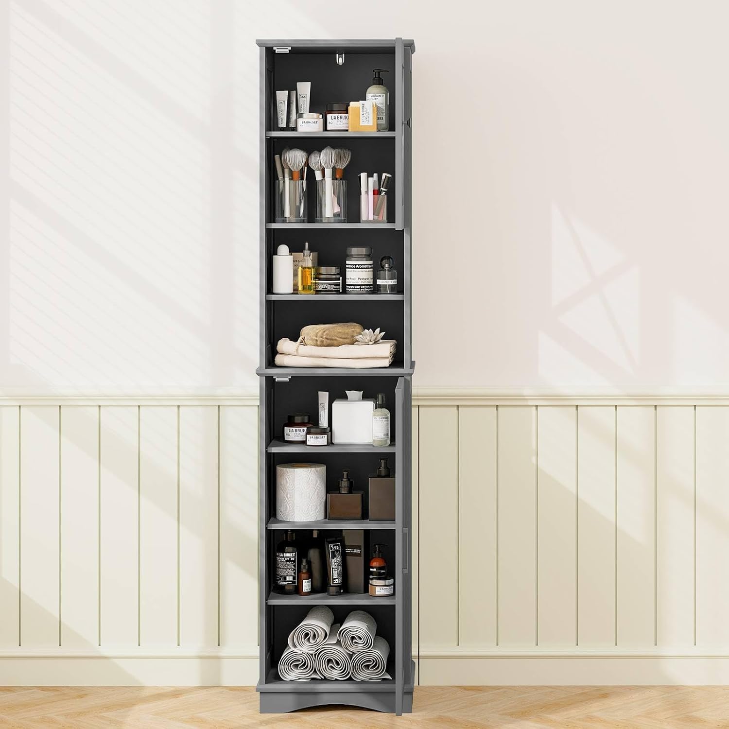 Tall Bathroom Storage Cabinet 2 Door Shelf Unit Grey