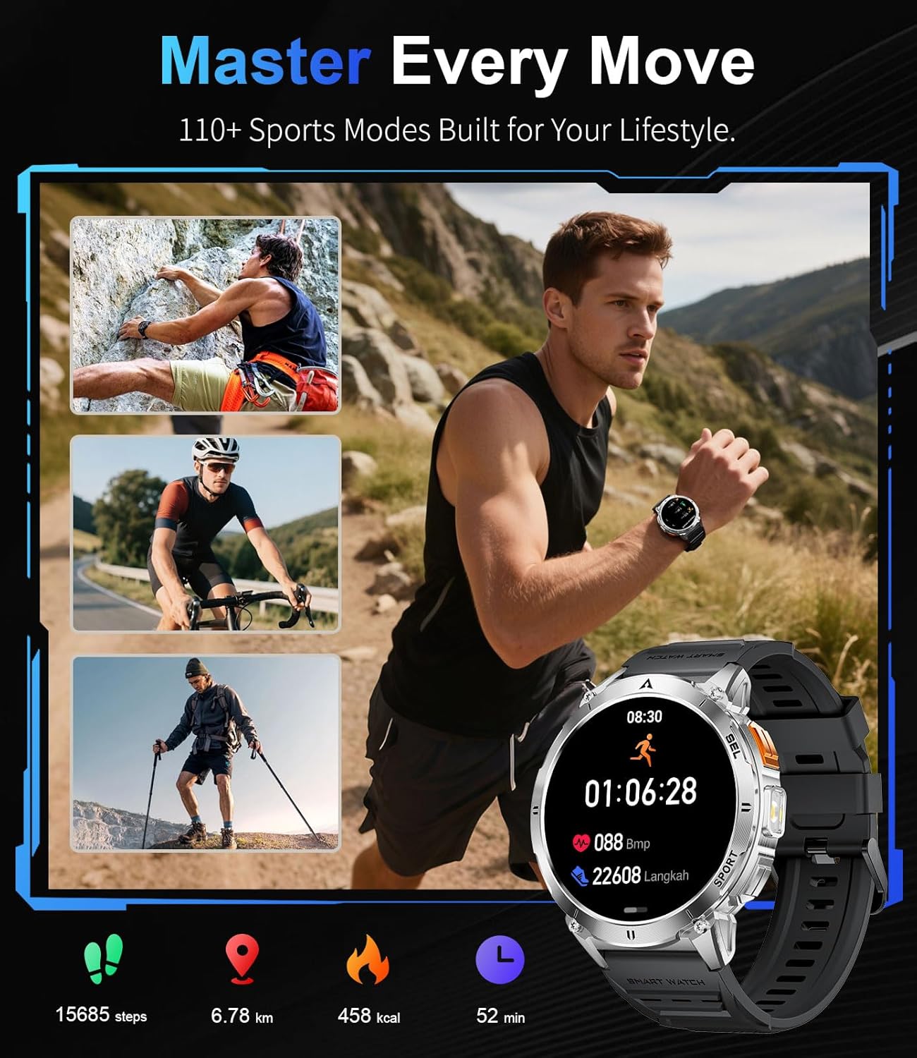 Mens AMOLED Smart Watch Bluetooth Call 730mAh LED Flashlight