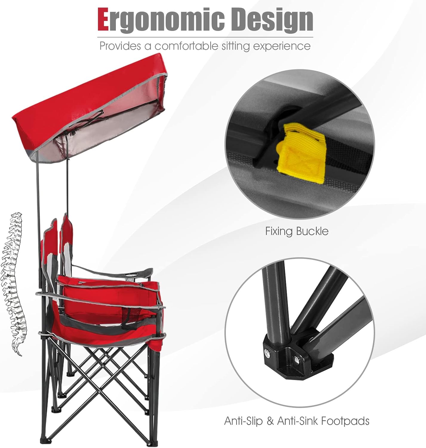 Double Camping Chair with Canopy Cooler Bag Cup Holders Red