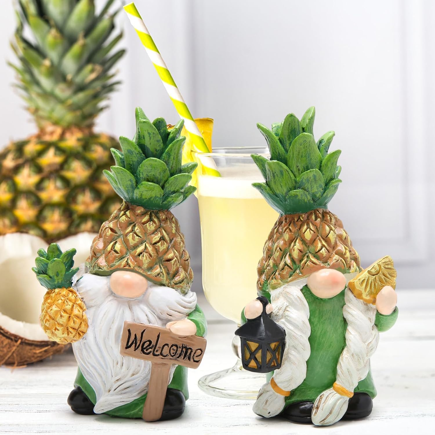 Pineapple Gnome Welcome Sign Resin Garden Ornament Tropical Decor