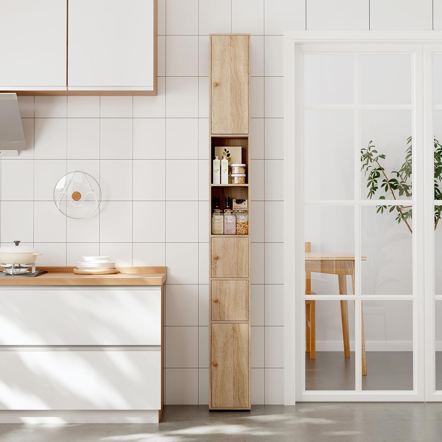 Tall Slim Bathroom Storage Cabinet 4 Doors Maple 180cm