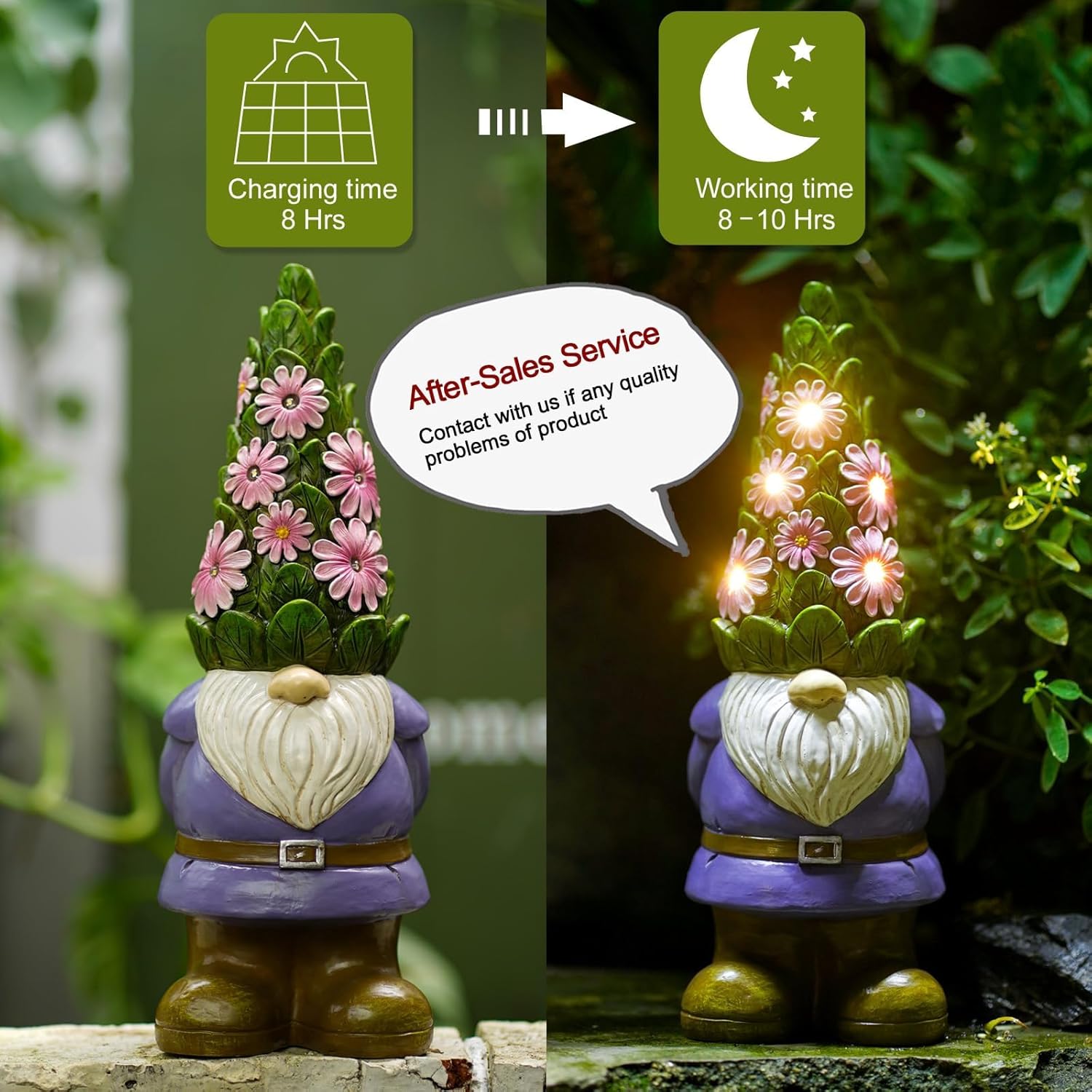Solar Garden Gnome Statue LED Flower Lights Outdoor Patio Decor