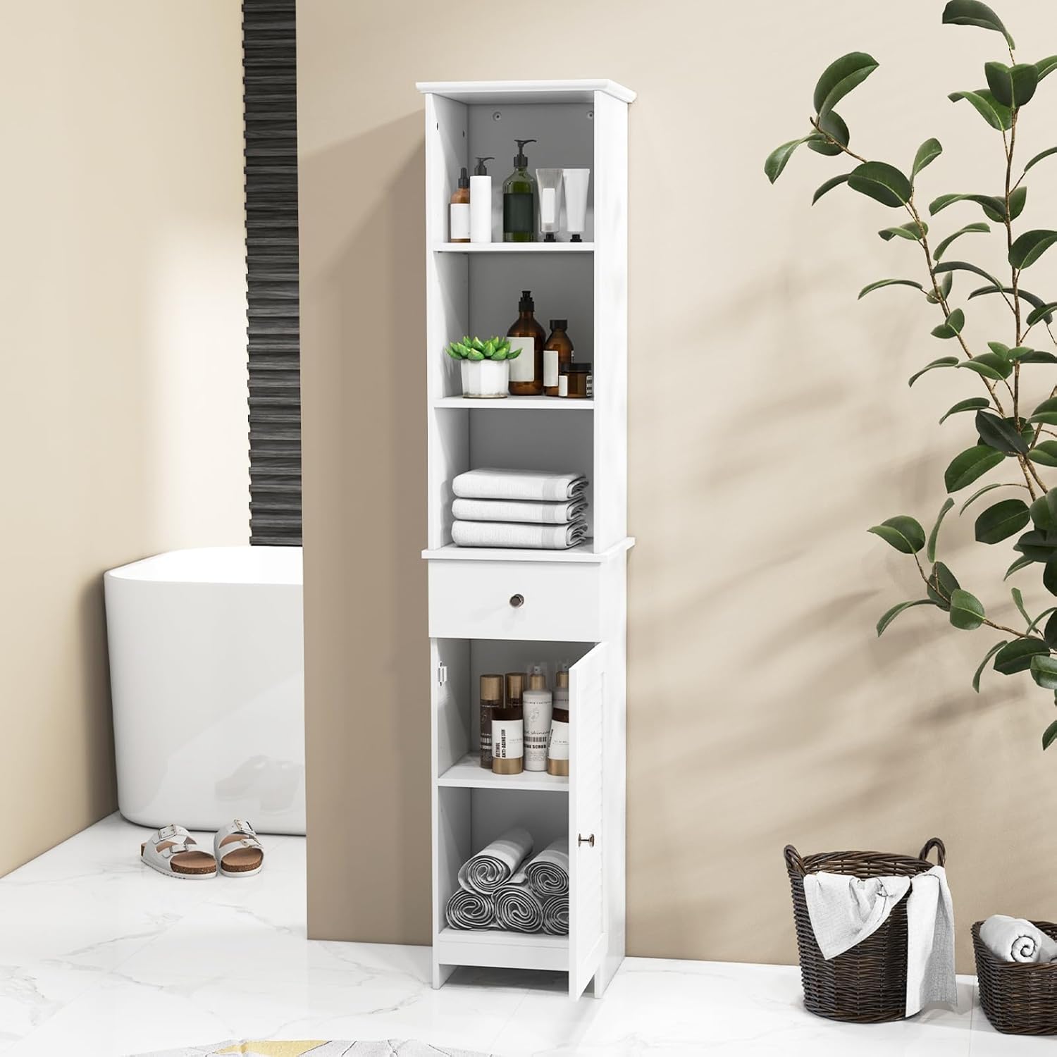 Slim Bathroom Tall Cabinet Drawer Shelf Cupboard White