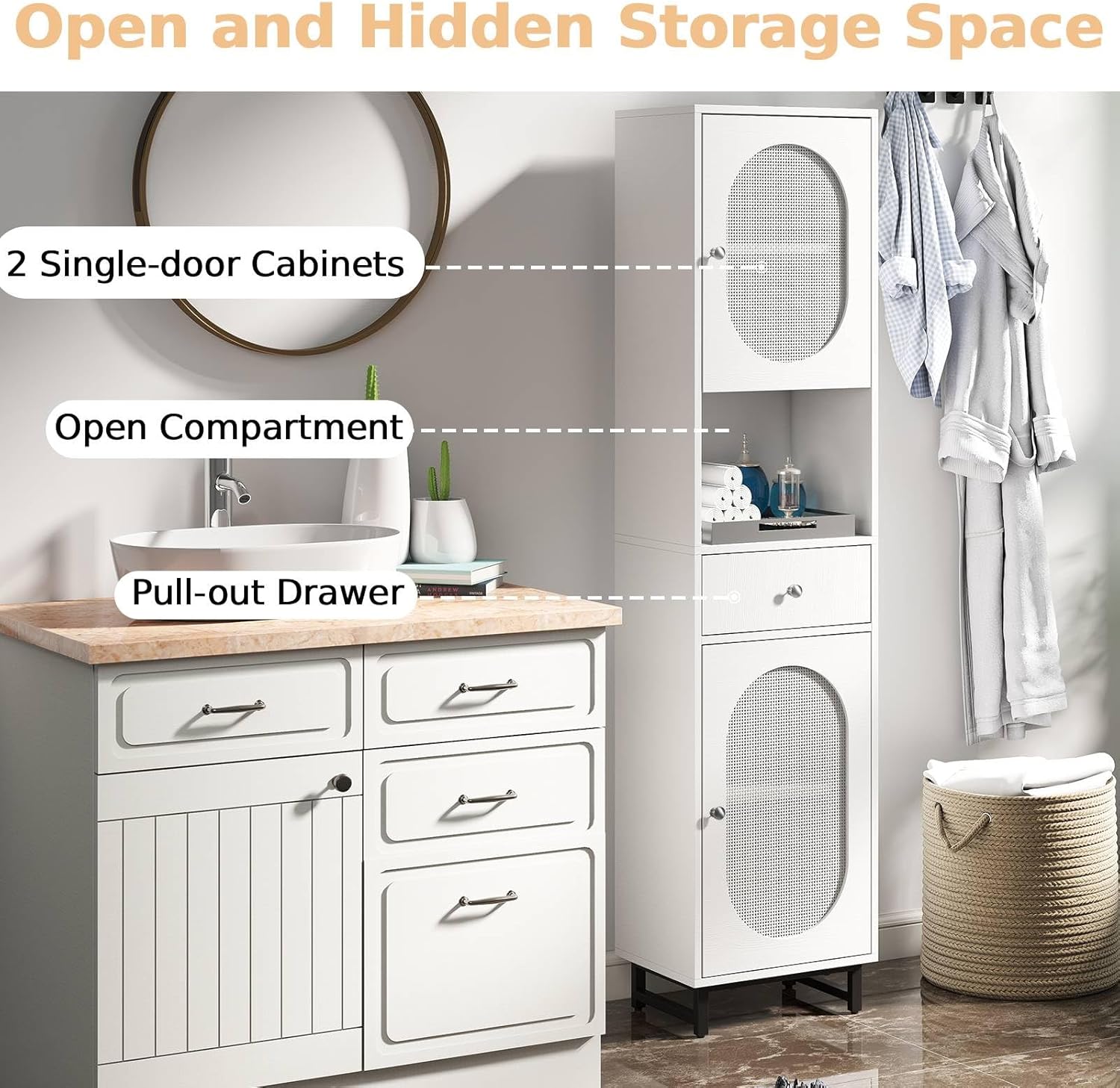 Tall Slim Storage Cabinet White Rattan Door Drawer Unit