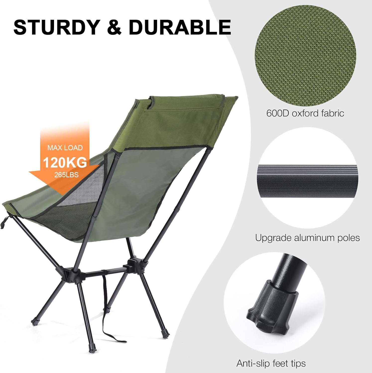 High Back Camping Chair Lightweight Folding Seat Green