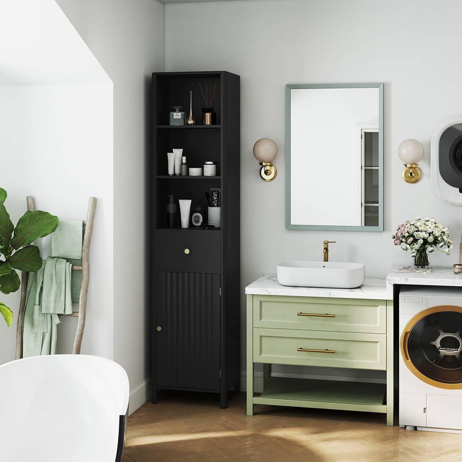 Slim Bathroom Tall Cabinet Drawer Shelf Unit Black