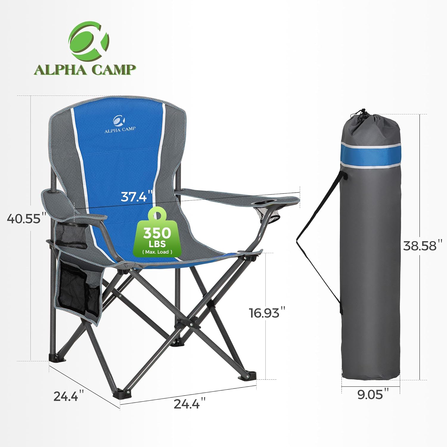 Set of 2 Oversized Folding Camping Chairs High Back 160KG Blue