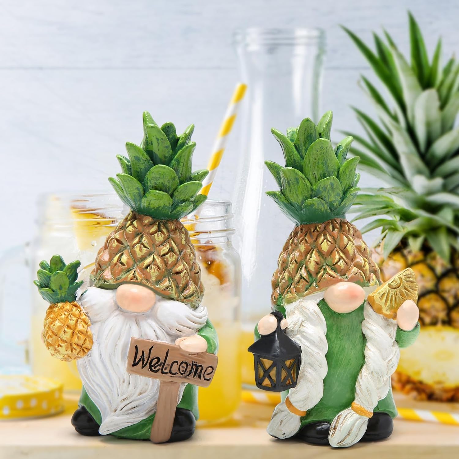 Pineapple Gnome Welcome Sign Resin Garden Ornament Tropical Decor