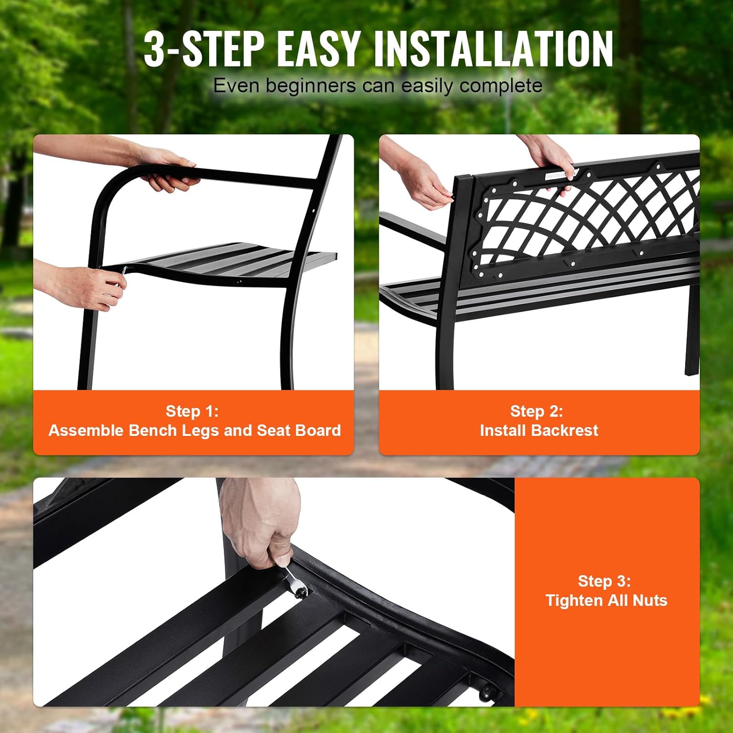 Metal Garden Bench 3 Seater Outdoor Patio Park Seat Black