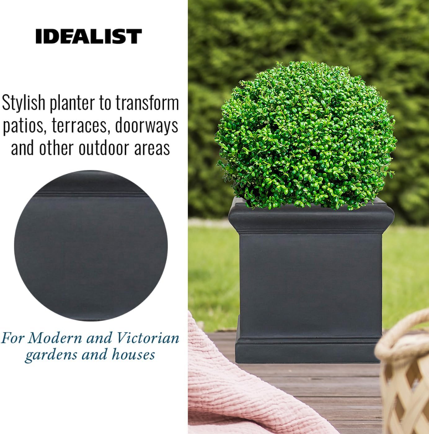 35cm Square Planter Black Slate Effect Garden Flower Pot