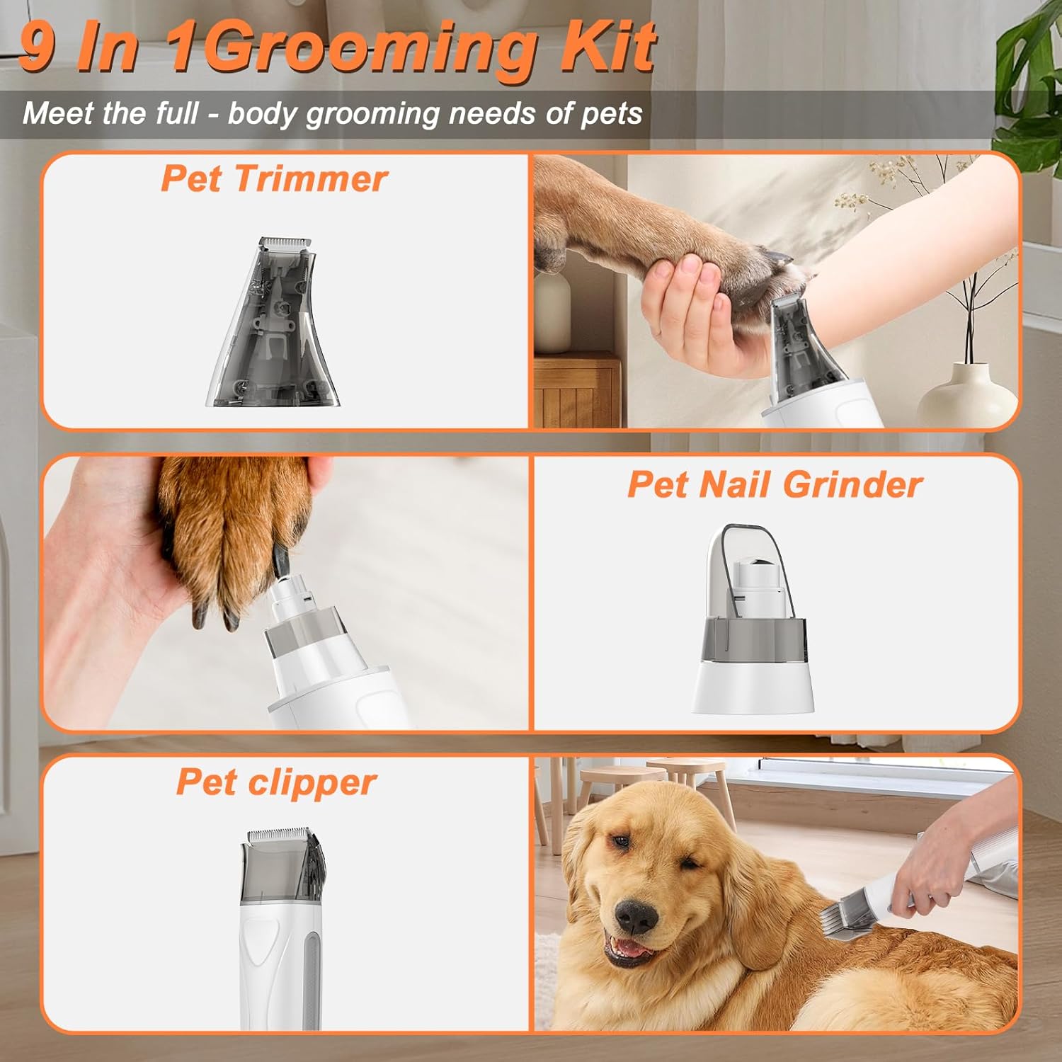 Pet Grooming Vacuum Kit 10 Tools Clipper Nail Grinder 2L White