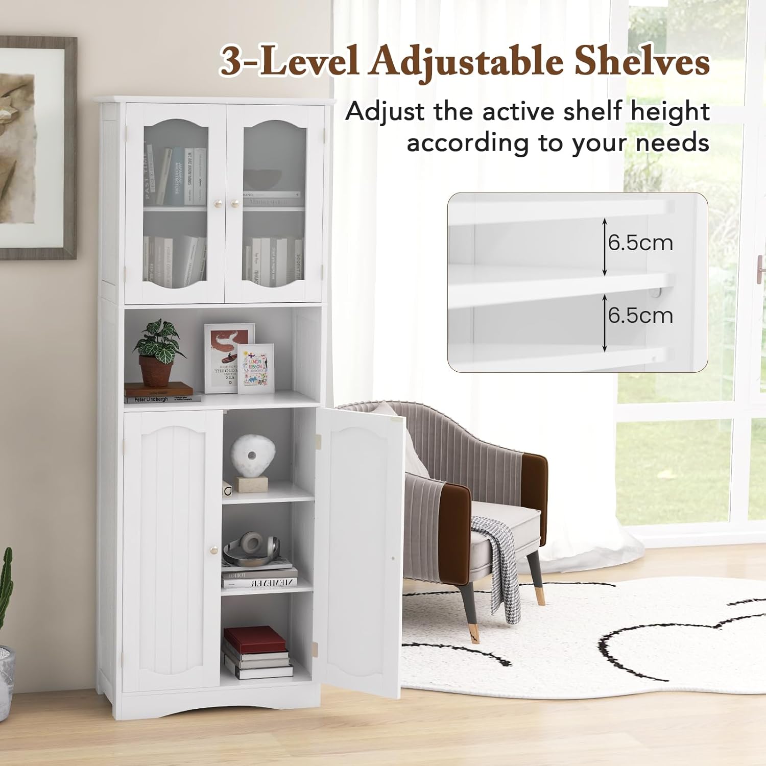 Tall Bathroom Storage Cabinet Glass Door Shelf Unit White