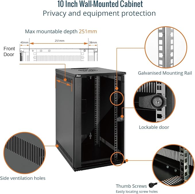 12U 10 Inch Wall Mount Data Cabinet Glass Door Black