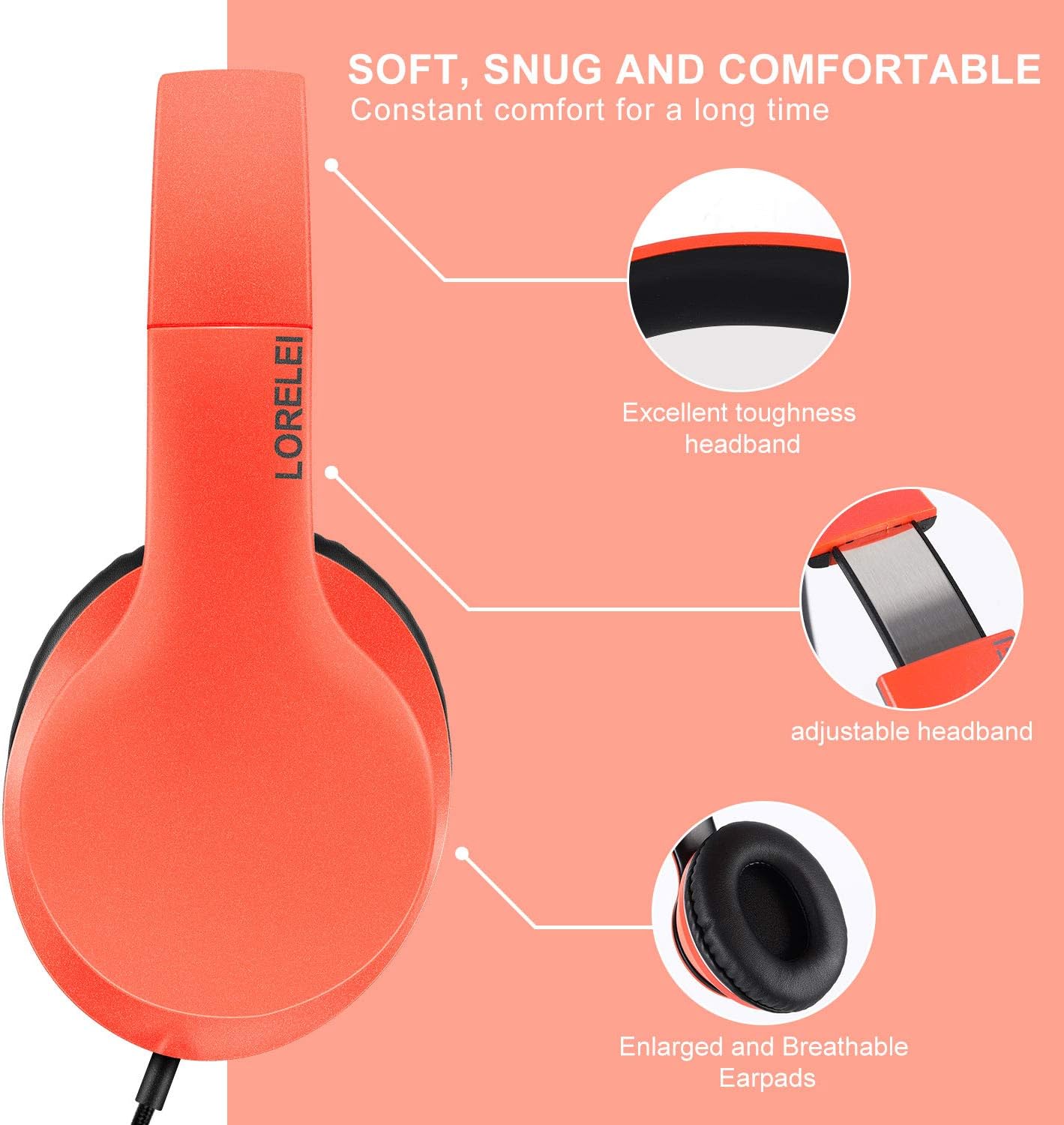 Wired Over Ear Headphones With Mic Stereo Bass 3.5mm Orange