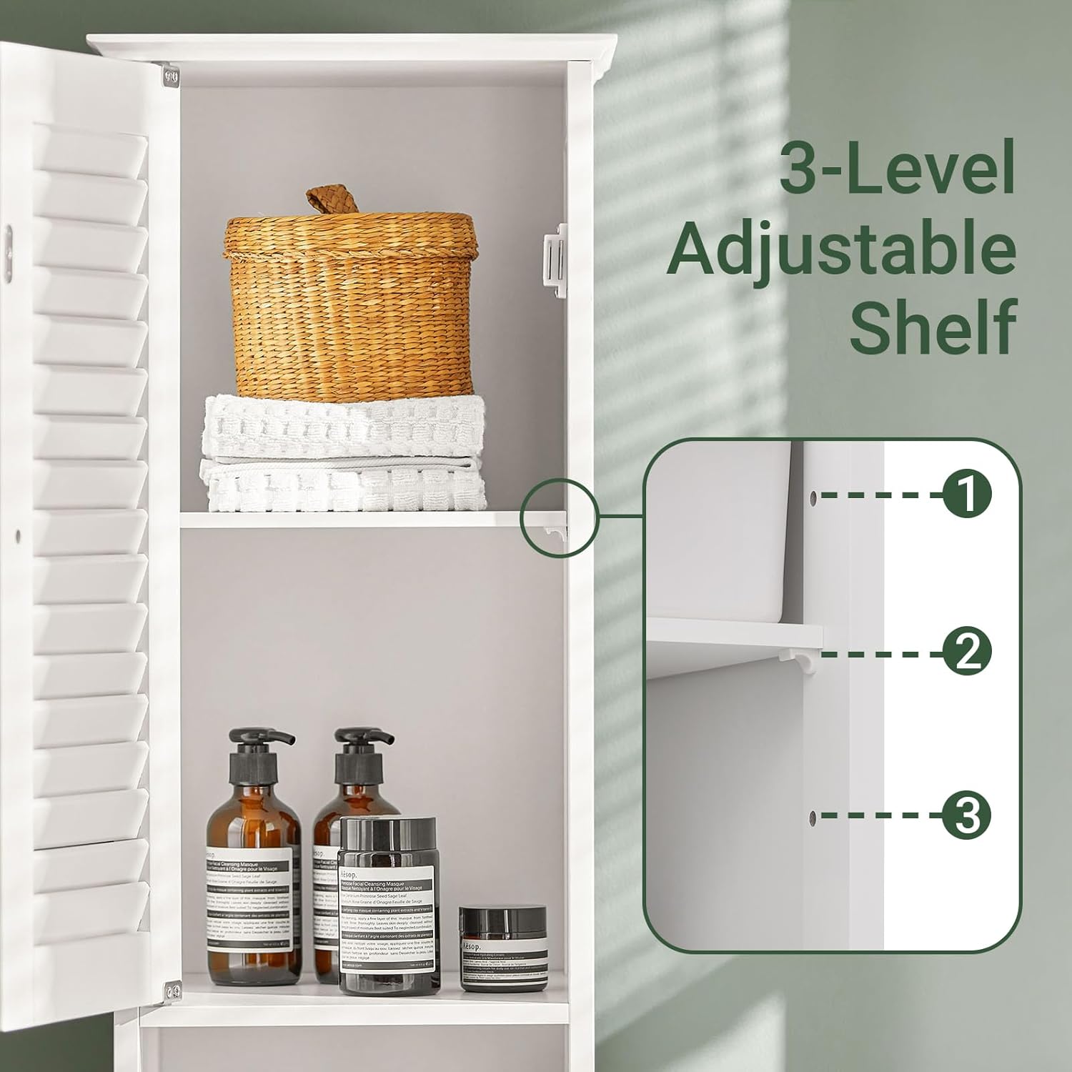 Slim Tall Bathroom Cabinet White Louver Door Storage Cupboard
