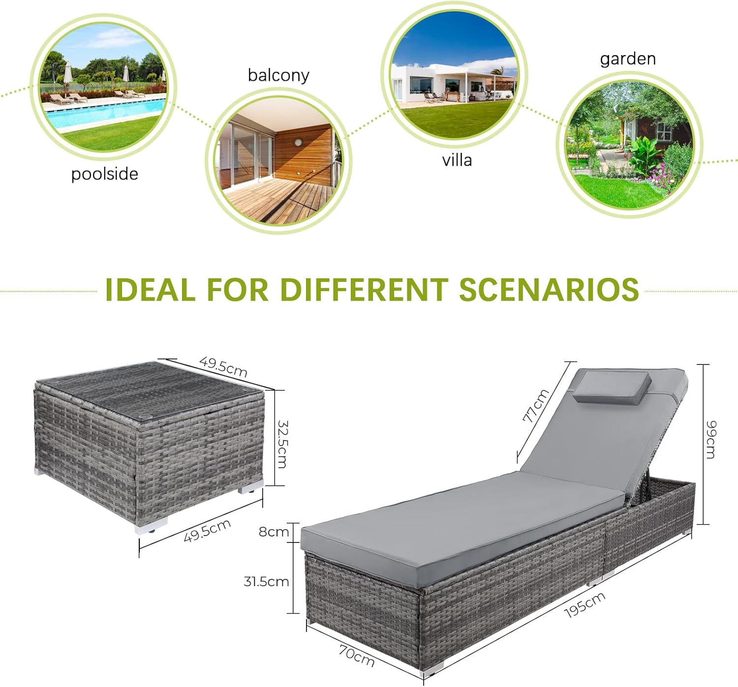 3 Piece Rattan Sun Lounger Set Recliner Day Bed Table Grey