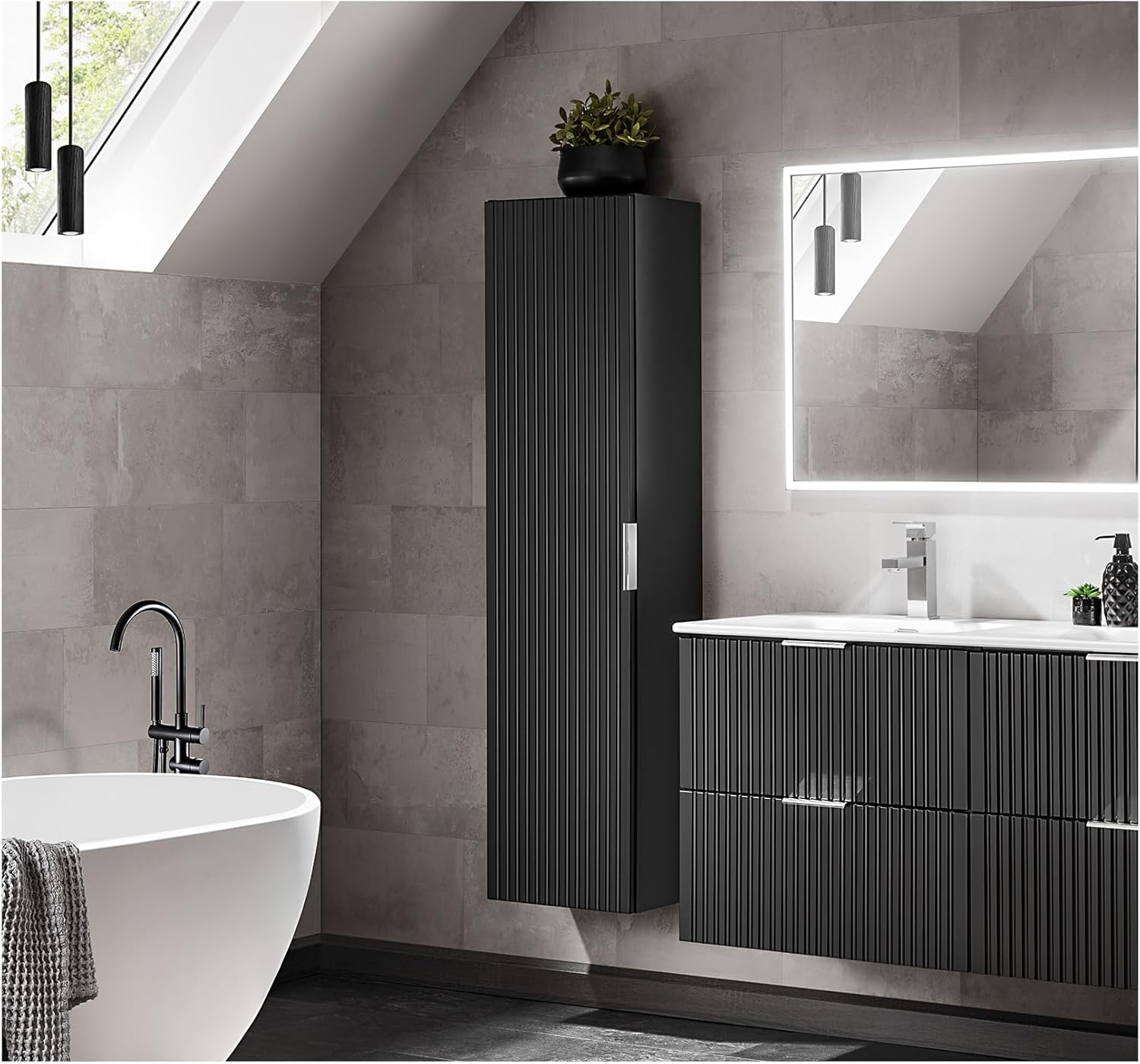 Luxury Wall Hung Tall Bathroom Cabinet Ribbed Black Gold