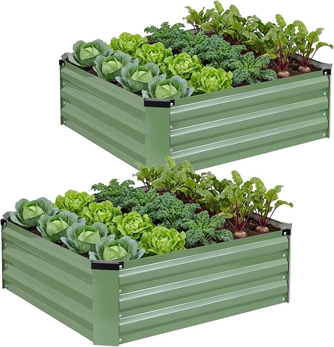 Set of 2 Metal Raised Garden Beds 90x90cm Olive Green