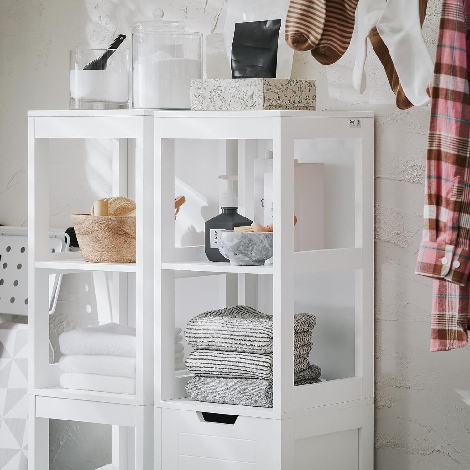 Slim Bathroom Storage Cabinet Laundry Basket Tall Shelf Unit White