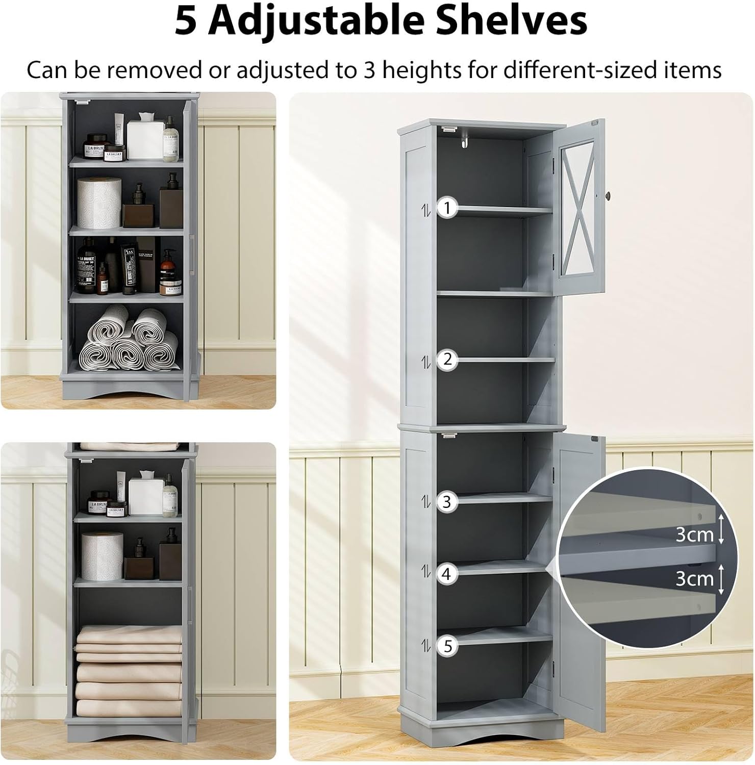Tall Bathroom Storage Cabinet 2 Door Shelf Unit Grey