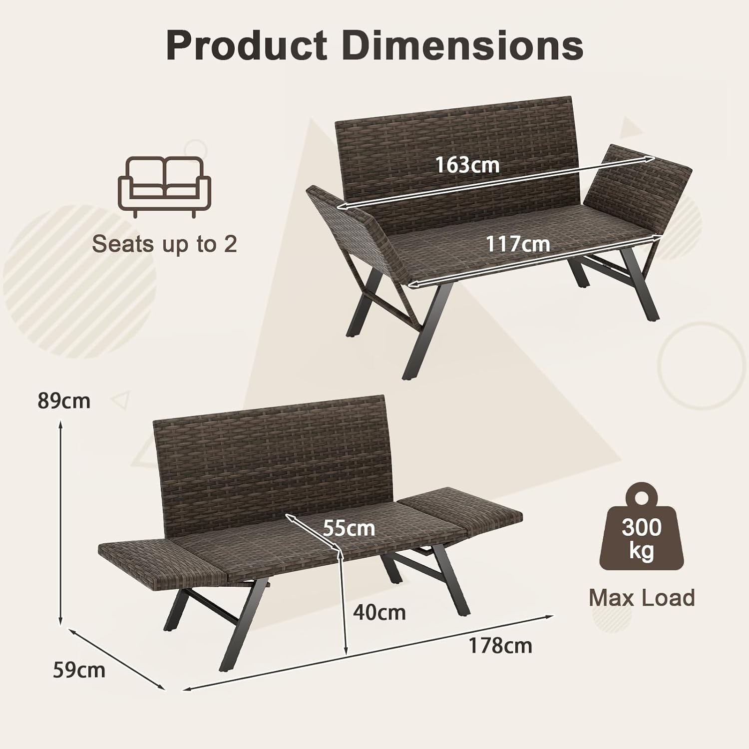 Convertible Rattan Sofa Bed Outdoor Daybed Grey
