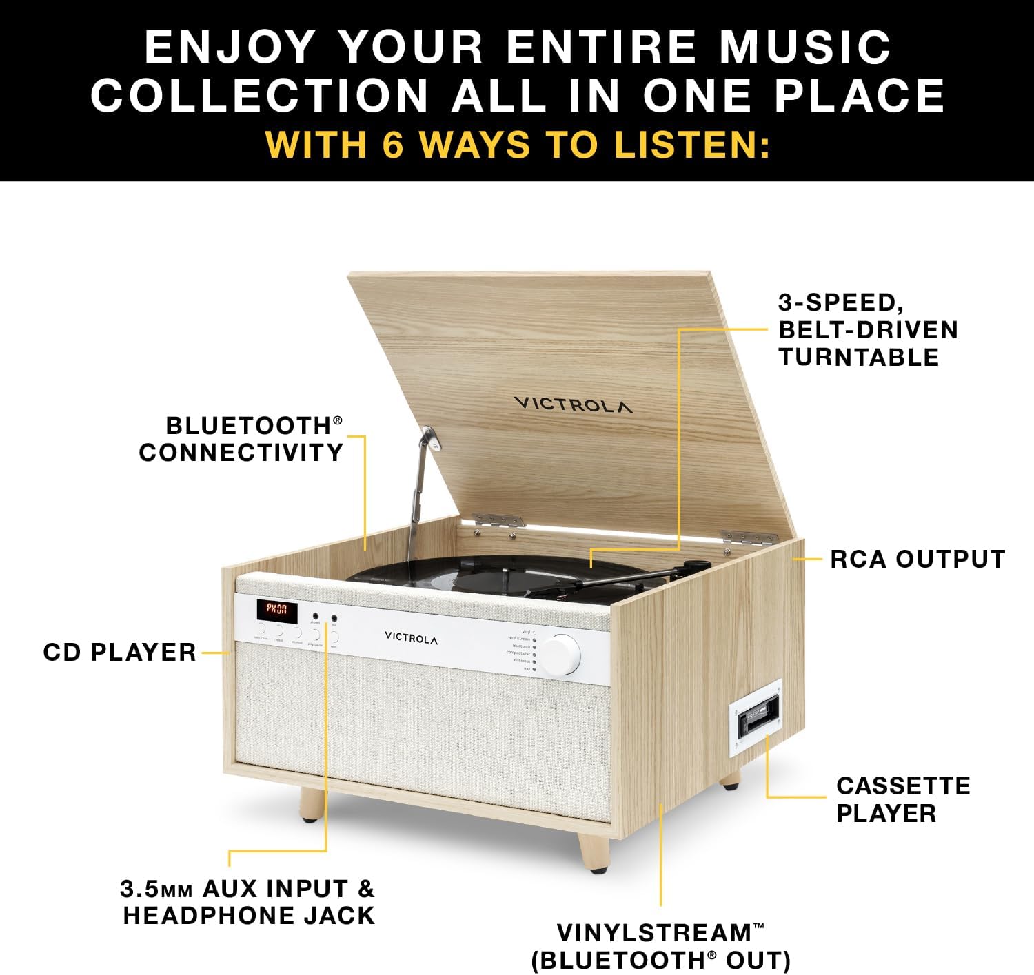 6 In 1 Vinyl Record Player Music Center Walnut Bluetooth Turntable