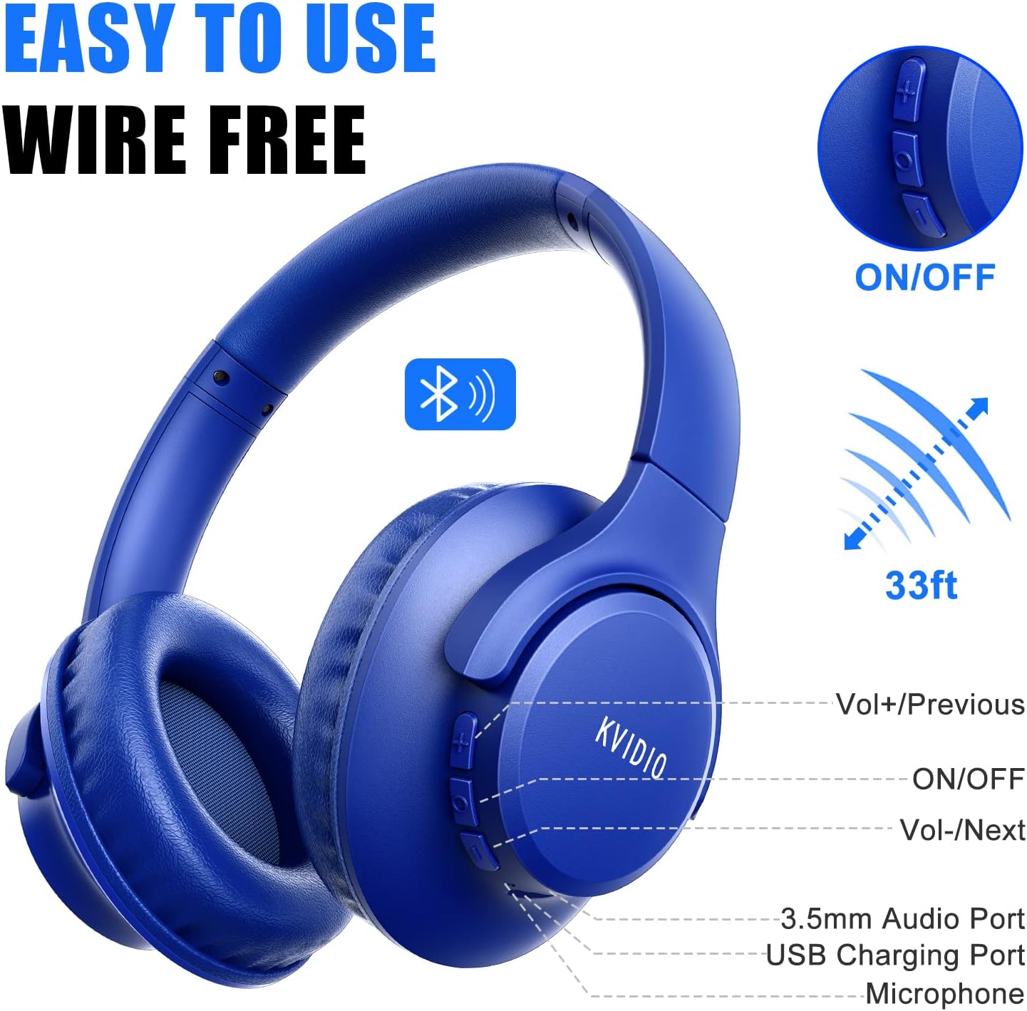 Bluetooth Over Ear Headphones 65H Playtime Deep Bass Foldable