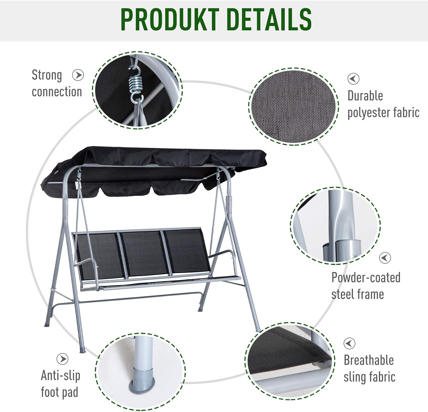3 Seater Garden Swing Chair with Canopy Black