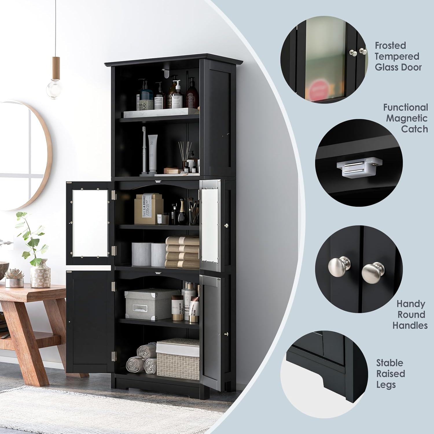 Tall Storage Cabinet Glass Door 6 Tier Shelf Unit Black