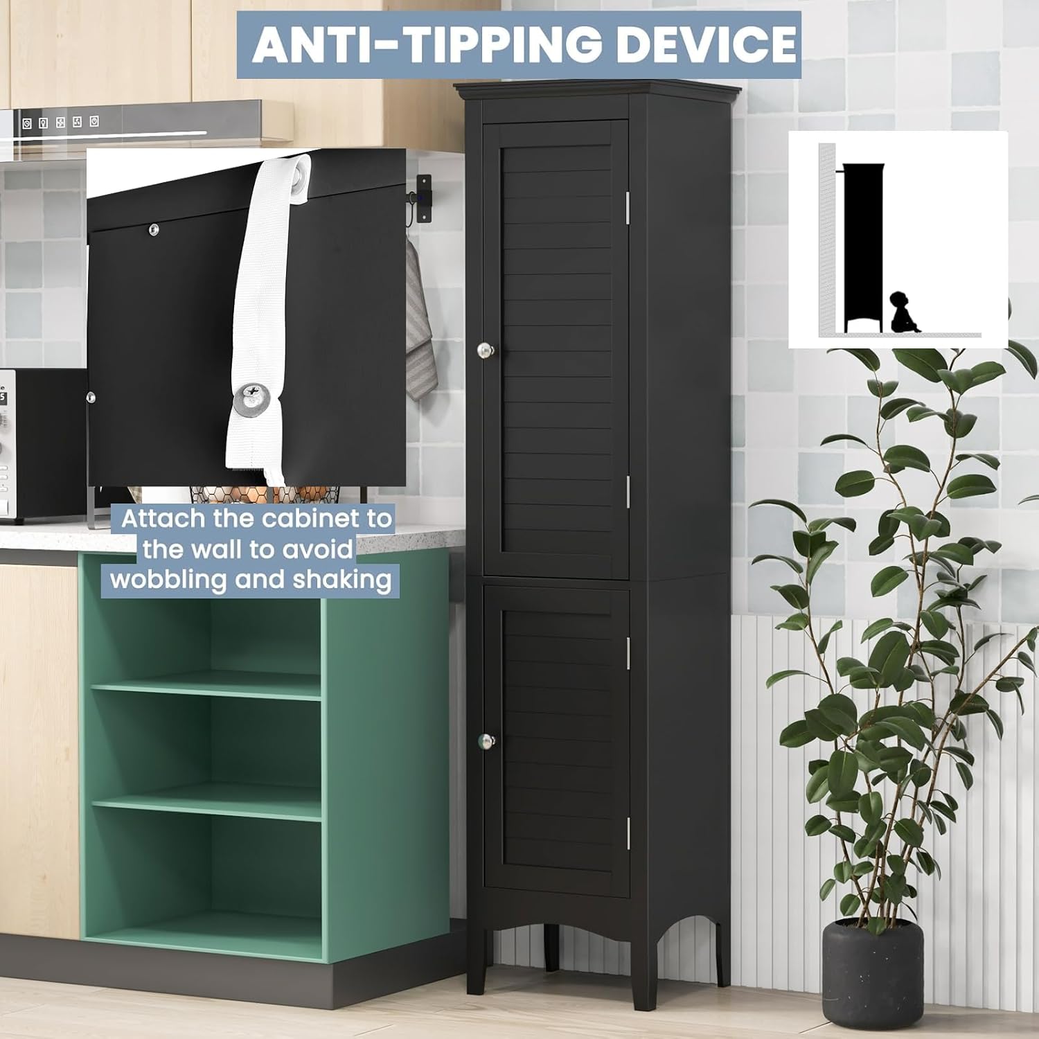 Tall Bathroom Storage Cabinet Black 2 Door Shelf Unit