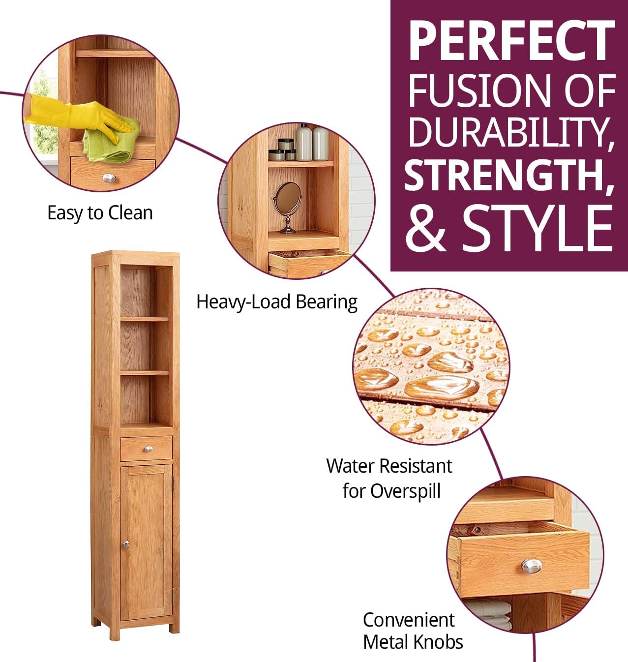 Solid Oak Tall Bathroom Storage Cabinet Drawer Shelf Unit