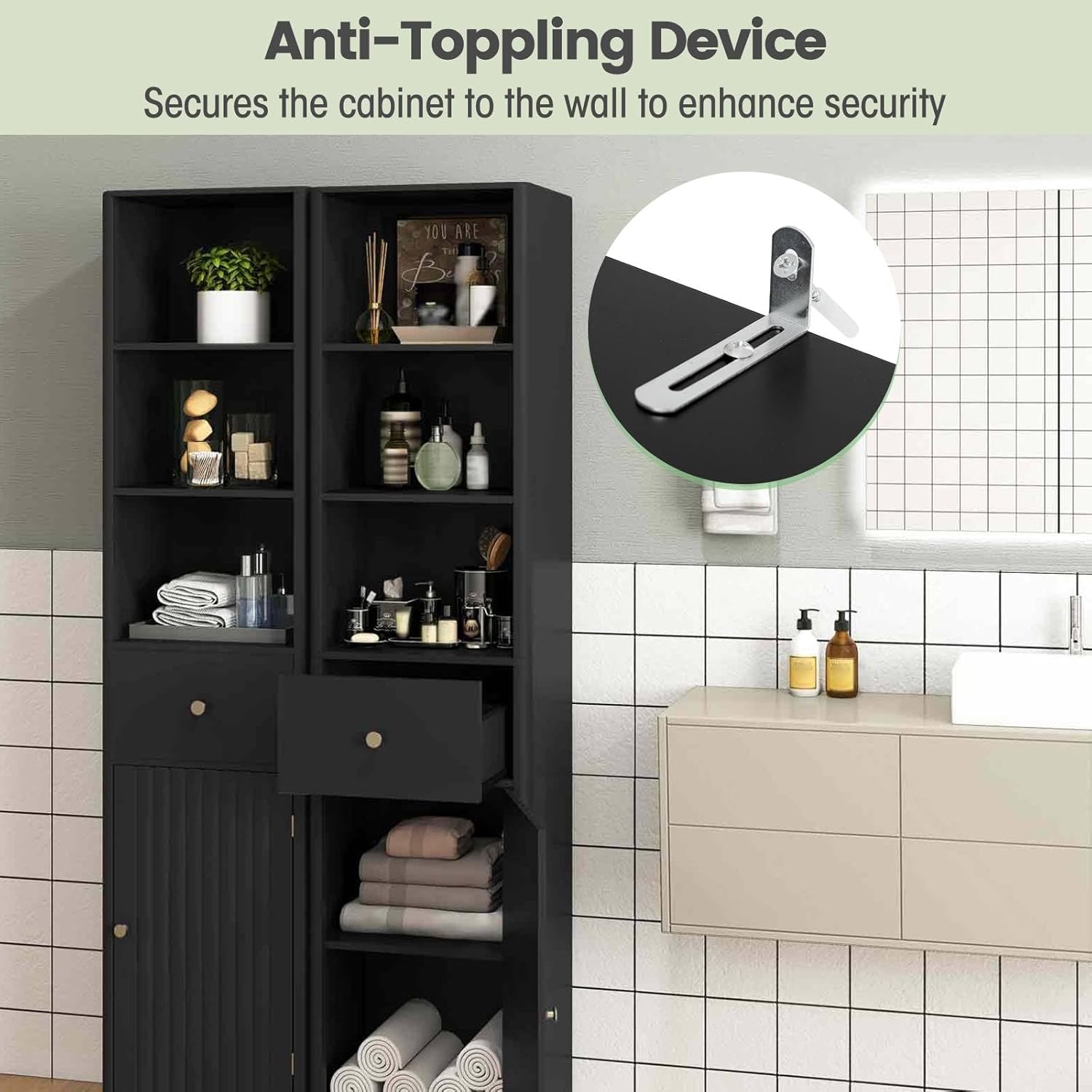 Slim Bathroom Tall Cabinet Drawer Shelf Unit Black