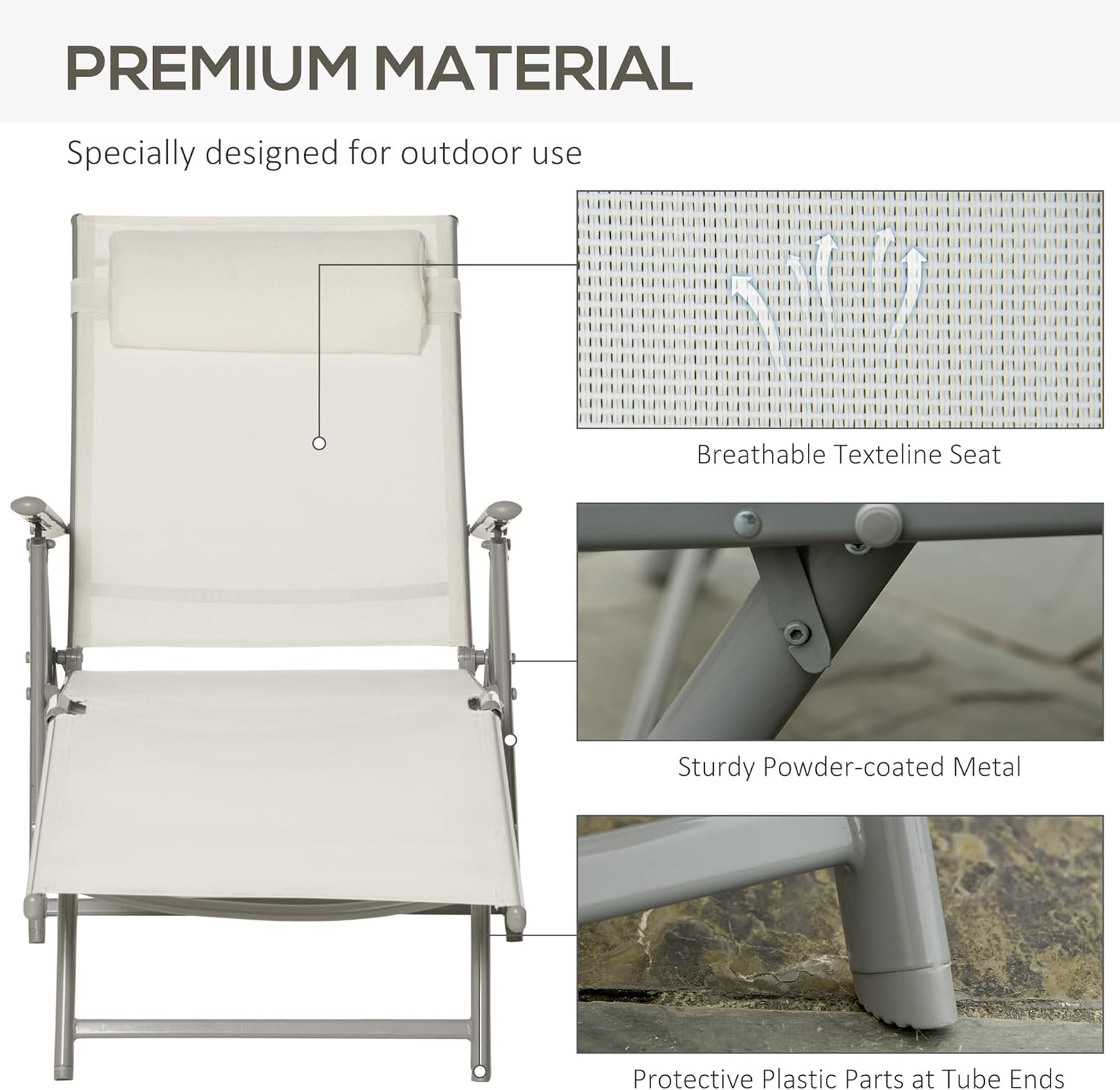7 Level Folding Sun Lounger Recliner Cream White