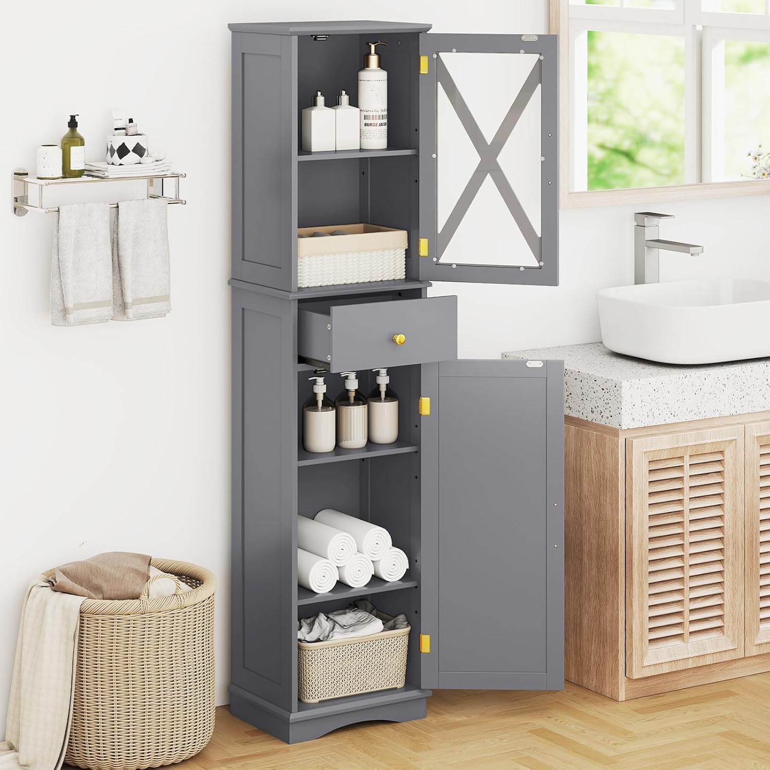 Slim Bathroom Tall Cabinet Drawer 2 Door Shelf Unit Grey