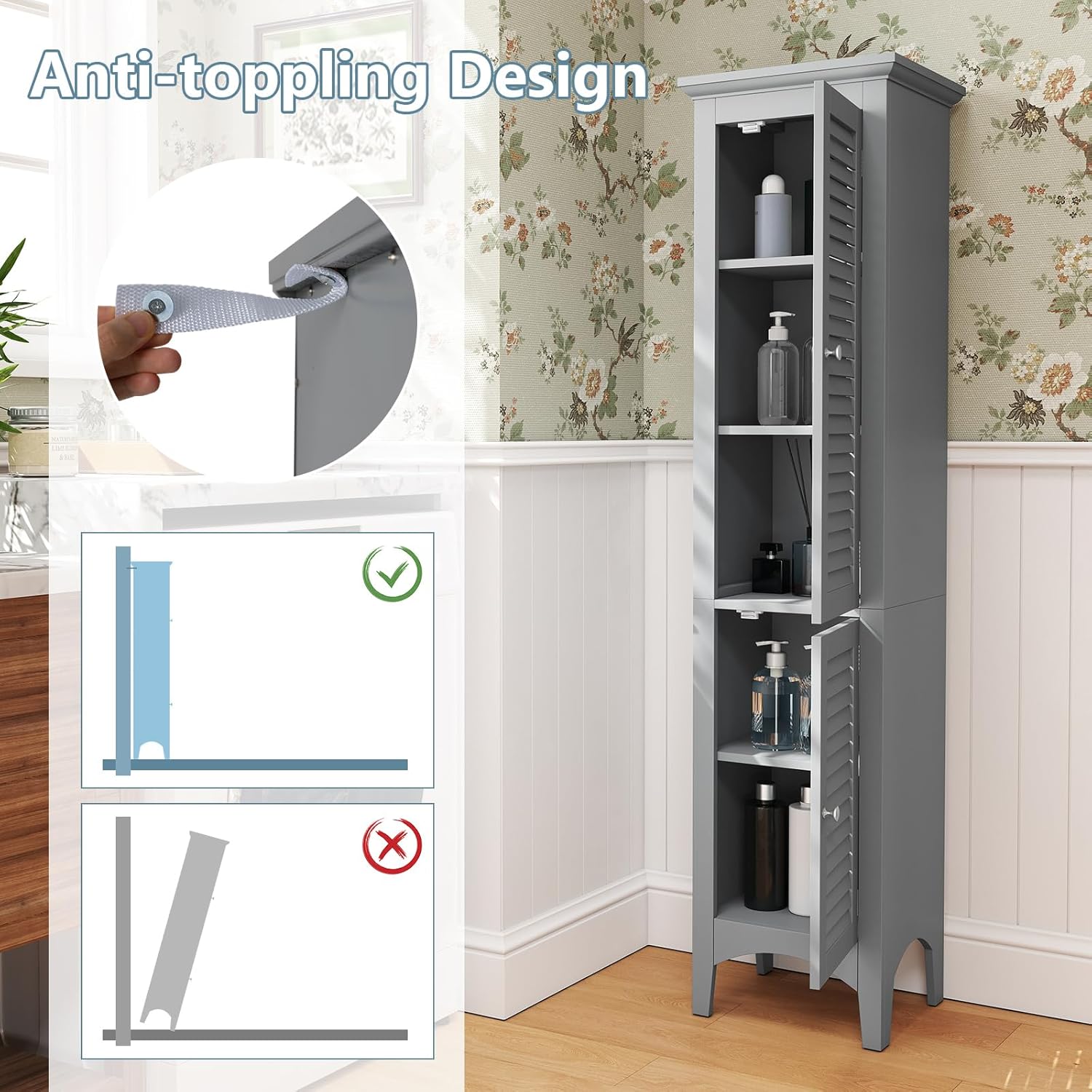 Tall Bathroom Storage Cabinet Grey 2 Door Shelf Unit