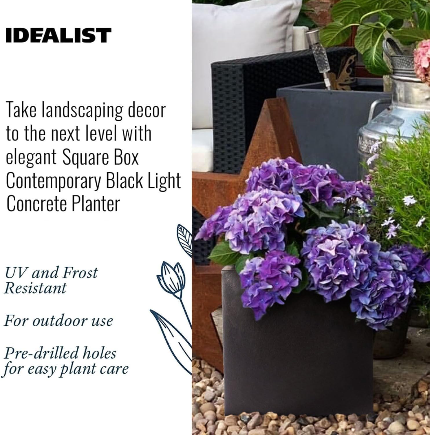Set of 2 30cm Square Planters Black Stone Effect Garden Pots
