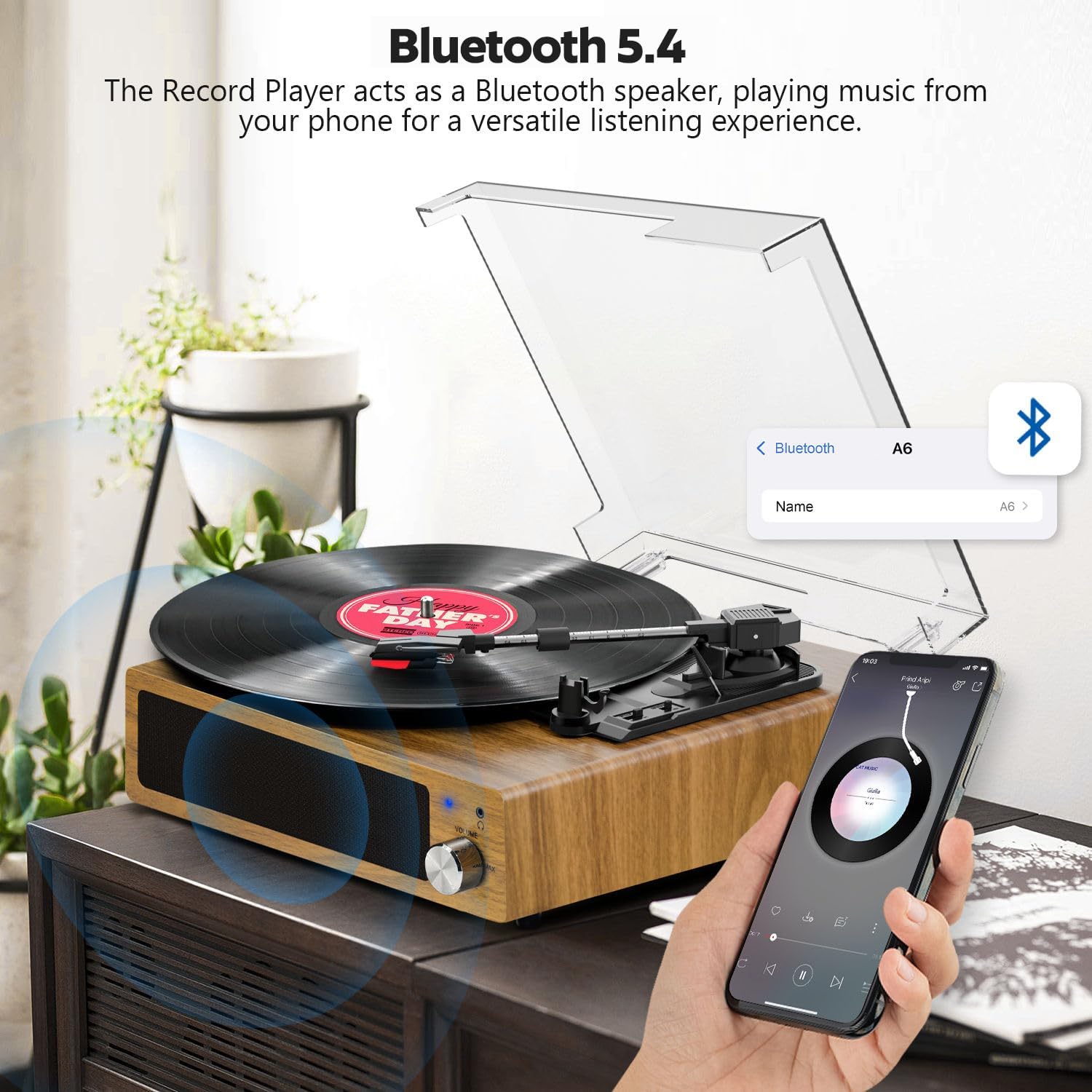 3-Speed Vinyl Turntable with Bluetooth, Built-in Speakers & RCA Output