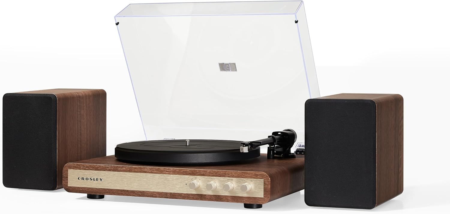 Bluetooth Vinyl Turntable with Speakers, 2-Speed Belt Drive & USB