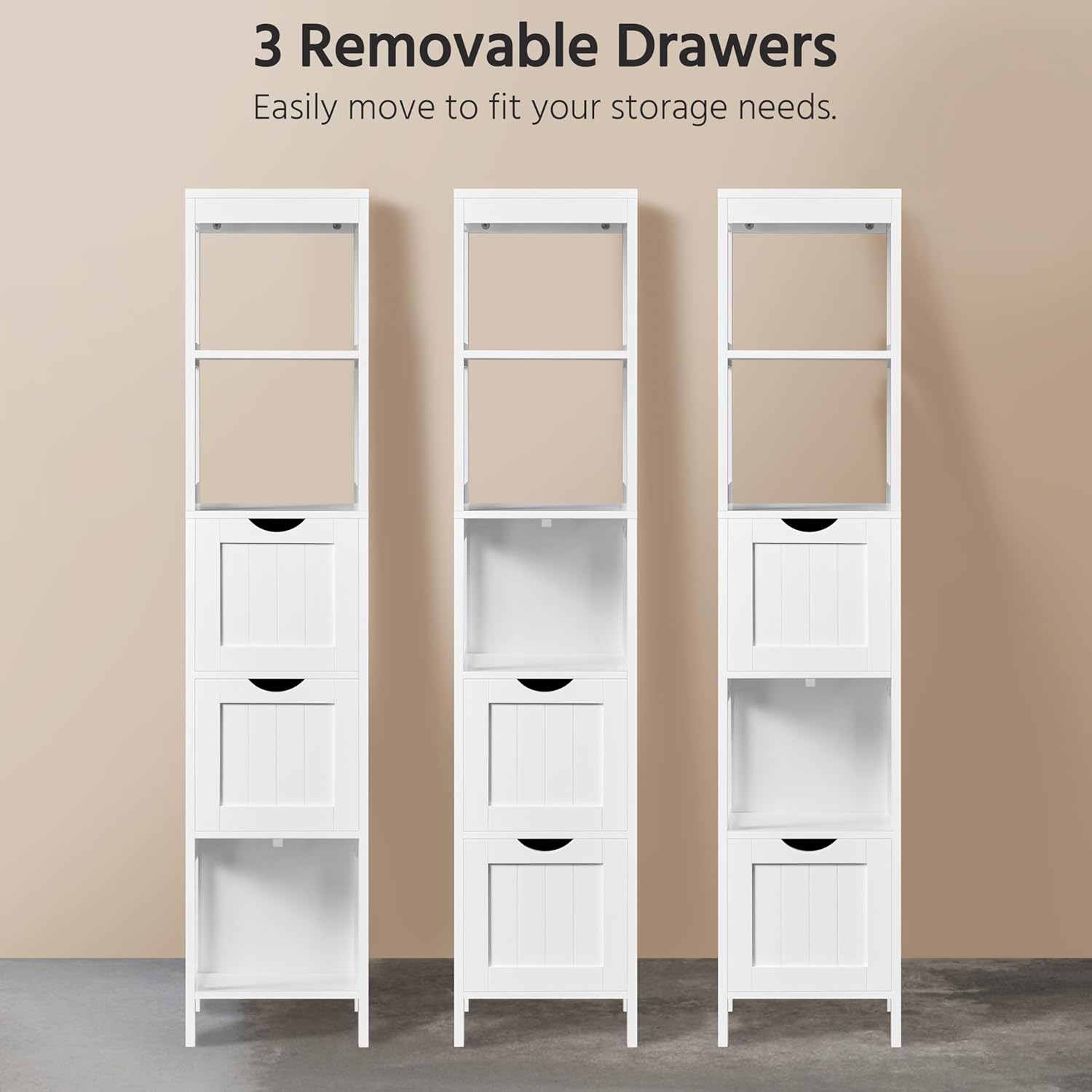 Tall Slim Bathroom Cabinet White 3 Drawers 2 Shelves Unit