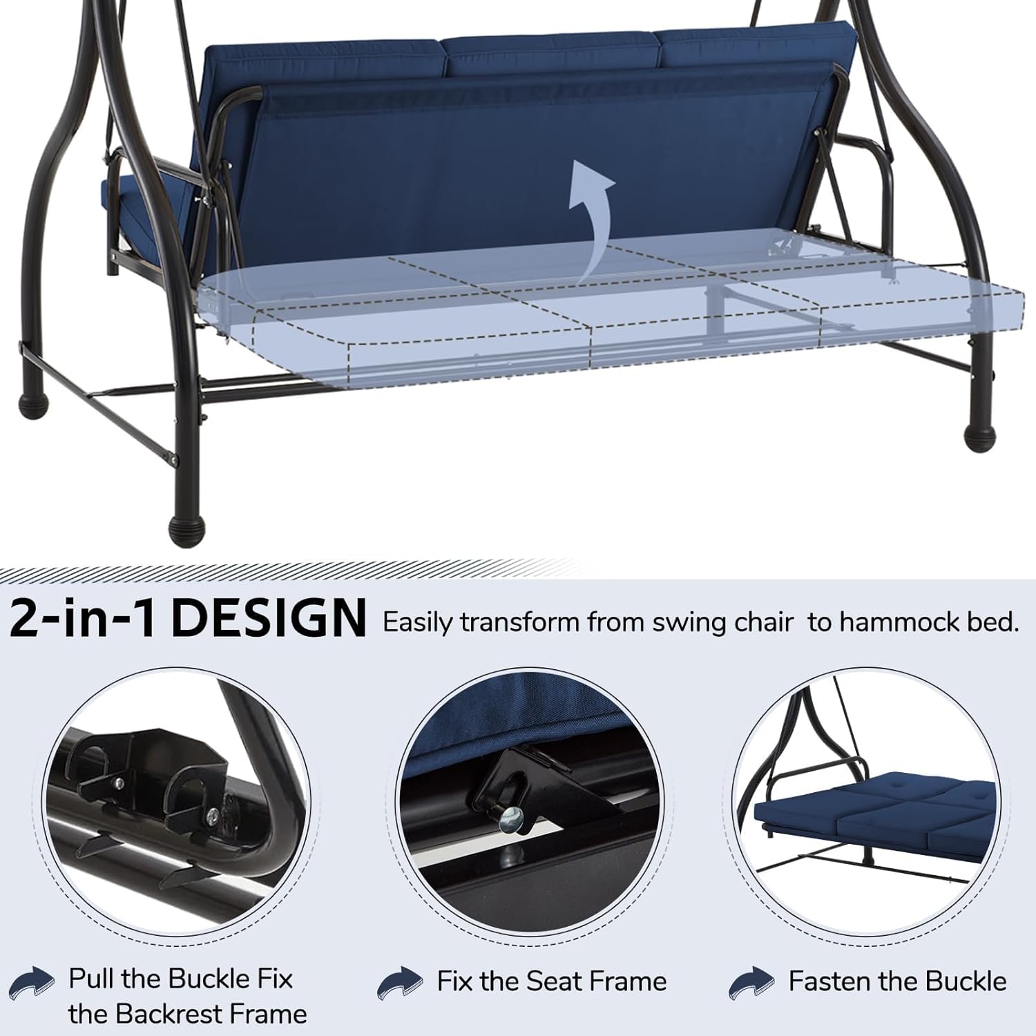 3 Seater Garden Swing Seat Bed Convertible Hammock Chair Blue