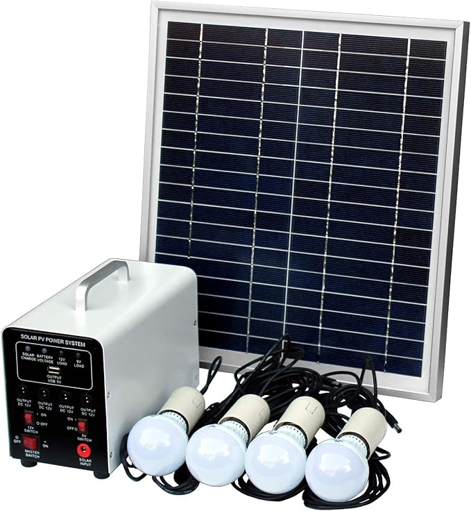 15W Off Grid Solar Lighting Kit 4 LED Lights USB Battery